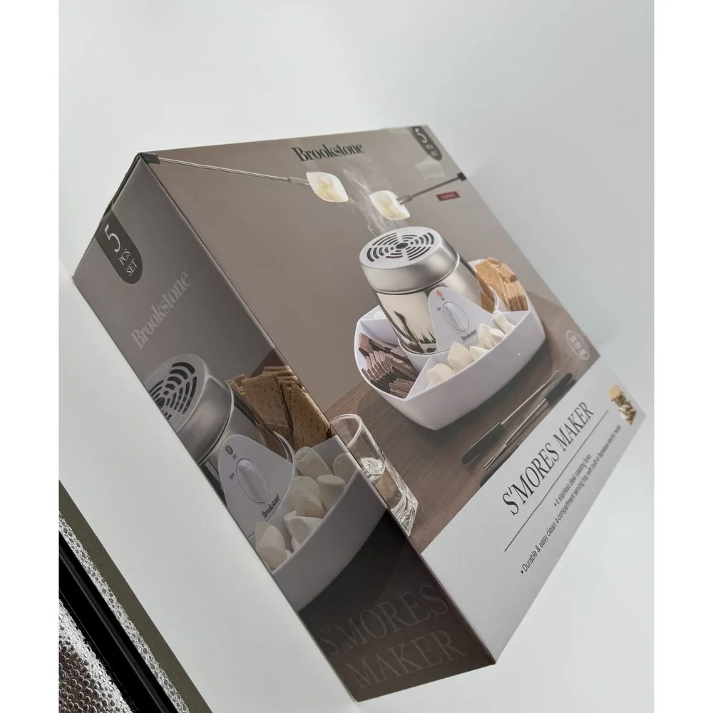 NEW Brookstone S'mores Maker Flameless Indoor with 4 Forks White 5pcs Set